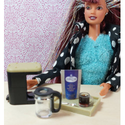 1:6 Barbie dolls. Electric coffee maker with breakfast