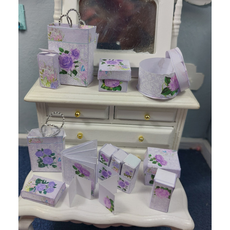 1:12 doll house. boxes and bags set.LILAC FLOWERS