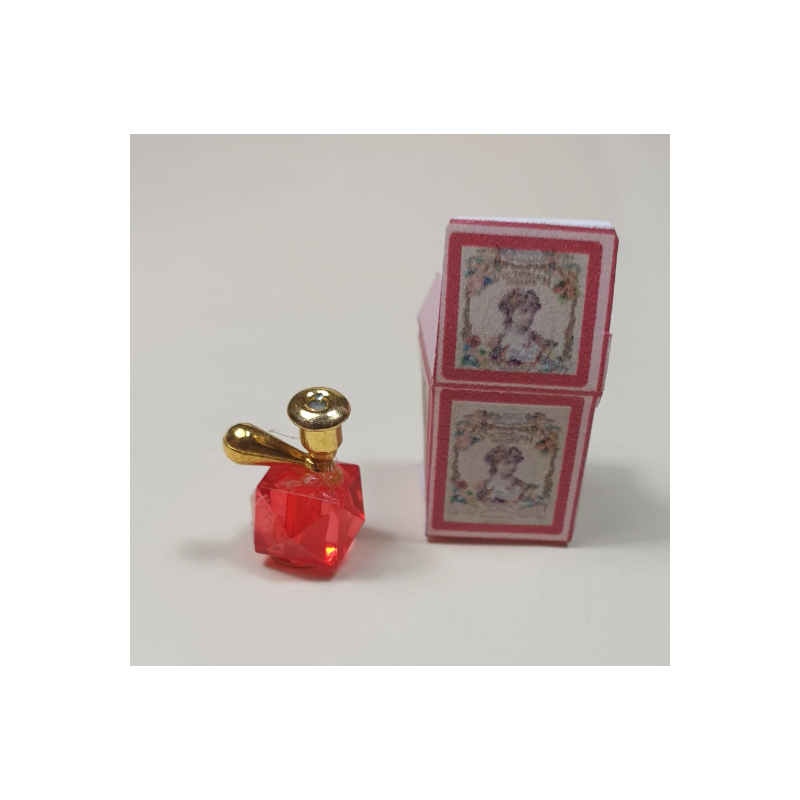 Casa muñecas 1:12. Perfume miniatura con caja. ROJO