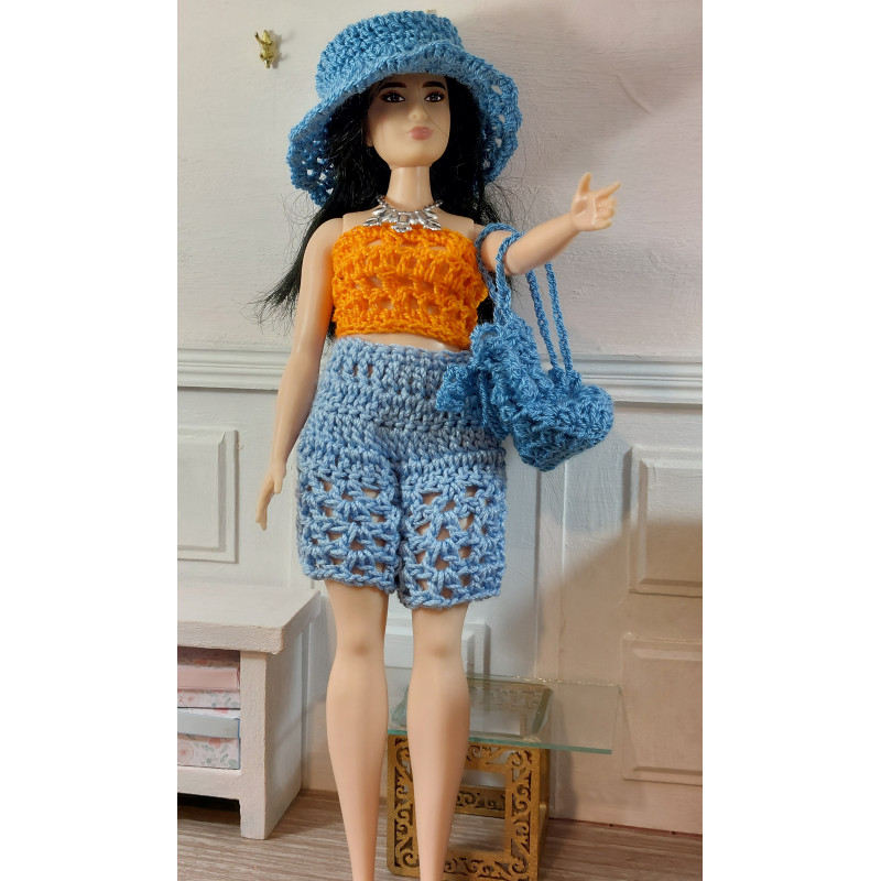 Dolls 1:6. Crochet set with hat and bag