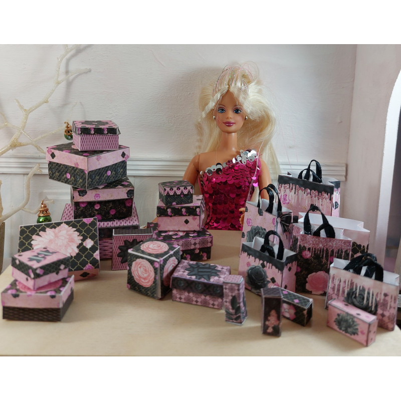Dolls 1:6 .Barbie. Gift boxes and bags set. PINK BLACK